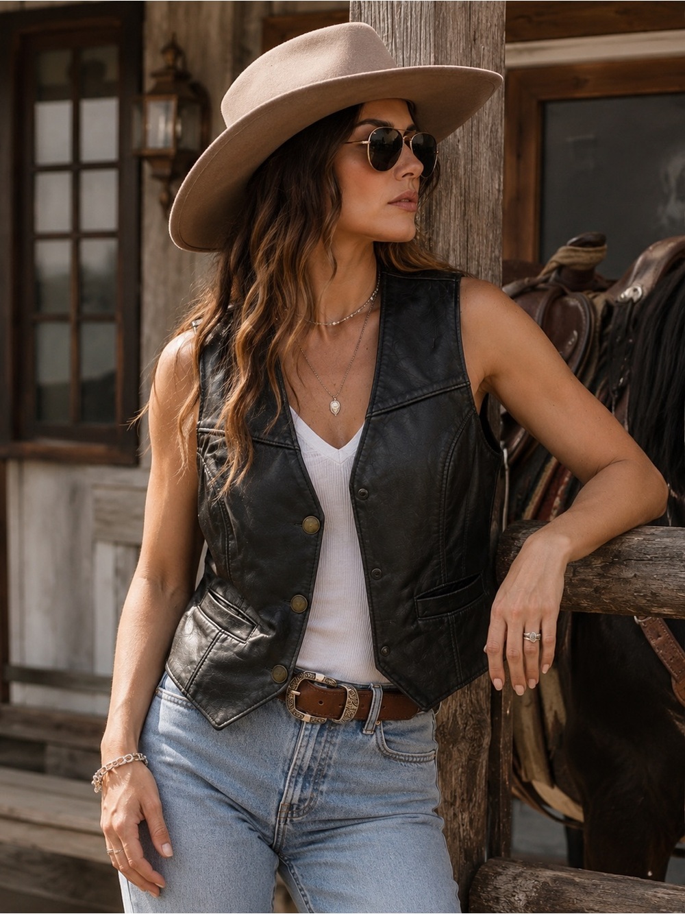 Brown black Leather V-Neck Button Front Women's Vest buffalo nickel festival